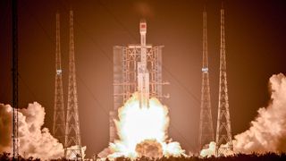 The Long March-7A carrier rocket carrying China Sat 3B satellite blasts off from the Wenchang Space Launch Site on May 20, 2025 in Wenchang, Hainan Province of China.