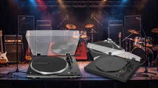 Audio-Technica AT-LP70XBT, Sony PS-LX5BT, Pro-Ject Juke Box E1 and Victrola Stream Carbon turntables on a concert stage surrounded by drums, guitars and speaker stacks