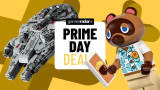 Prime Day deals badge on a yellow background, with the Lego Millennium Falcon and Tom Nook on either side
