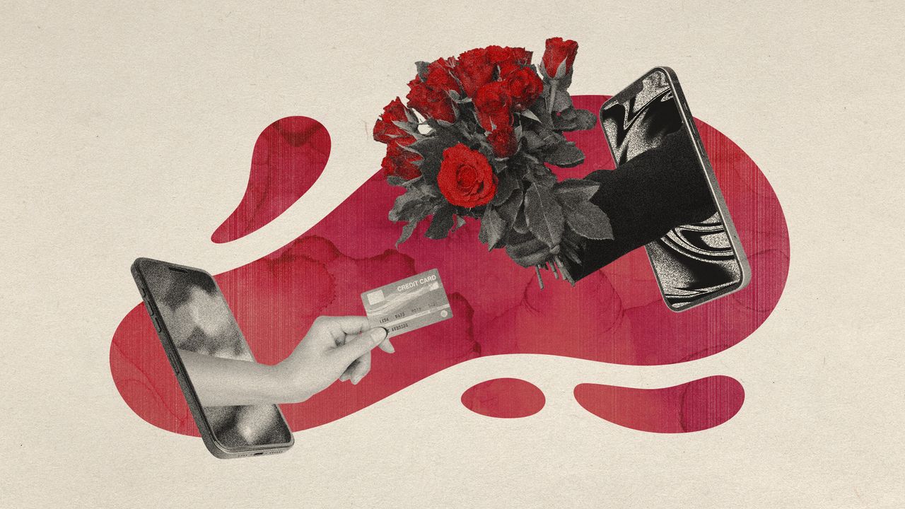 Photo collage of two smartphones. A man&#039;s hand holding a bouquet of roses comes out of one screen; out of the other, a woman&#039;s hand holding a credit card.