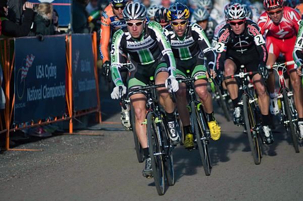 It's good to be Green. Cyclocrossworld.com/Cannondale had the Tim Johnson, Jeremy Powers and James Driscoll trio on the front line and the hole shot.