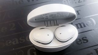 Yamaha TW-E5 earbuds in white in charging case
