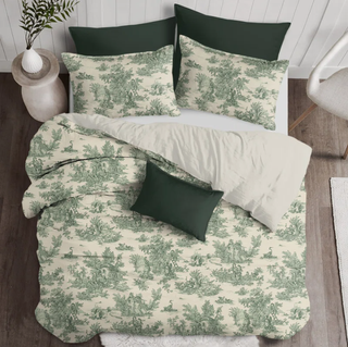 Toile print bedding.