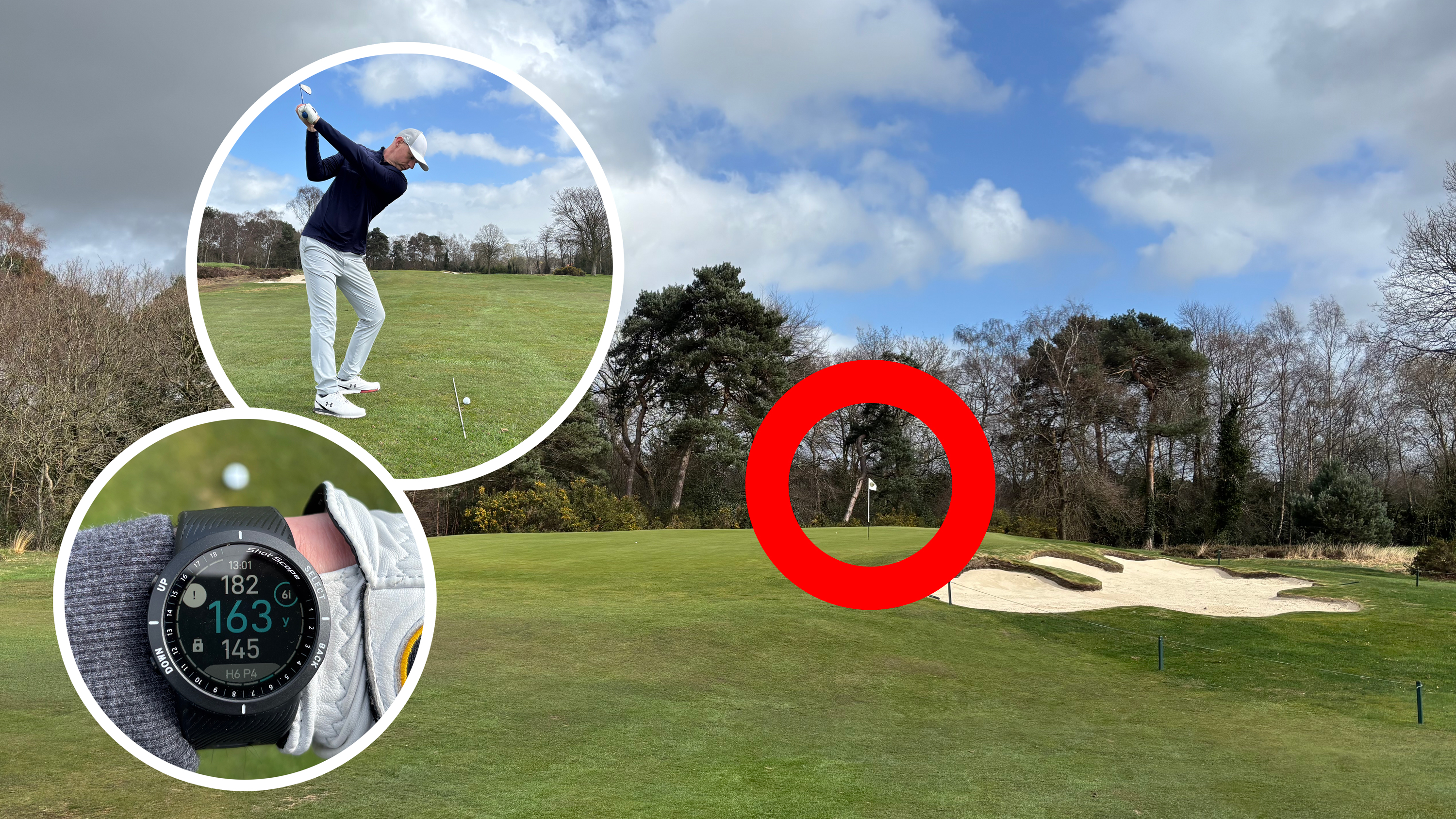 An image of a pin placement that high handicap golfers should avoid, but a common trap that many fall into, with inset images of the correct strategy to score better on the golf course