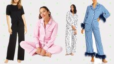 Best pajamas 2022 from left to right Nordstrom black pajamas, J Crew pink pajama set, Banana Republic printed set, Sleeper blue and white plaid set
