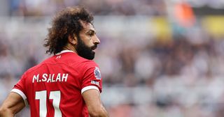 Liverpool star Mohamed Salah during the Premier League match between Newcastle United and Liverpool FC at St. James Park on August 27, 2023 in Newcastle upon Tyne, England.