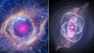 A splitscreen showing cat-eye-shaped nebular on the left and a blobby one on the right.