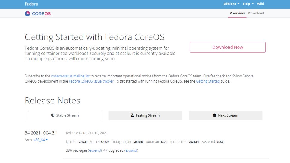 Website screenshot for Fedora CoreOS.