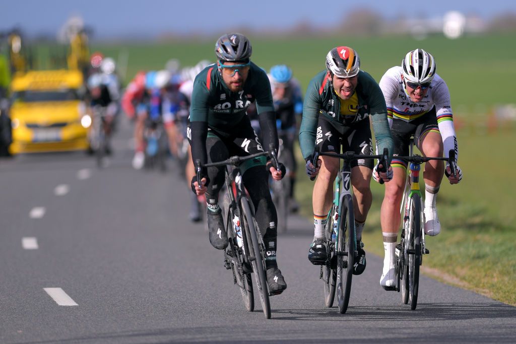 Peter Sagan leads overall leader Max Schachmann (Bora-Hansgrohe) and world champion Mads Pedersen on stage 2 of Paris-Nice.