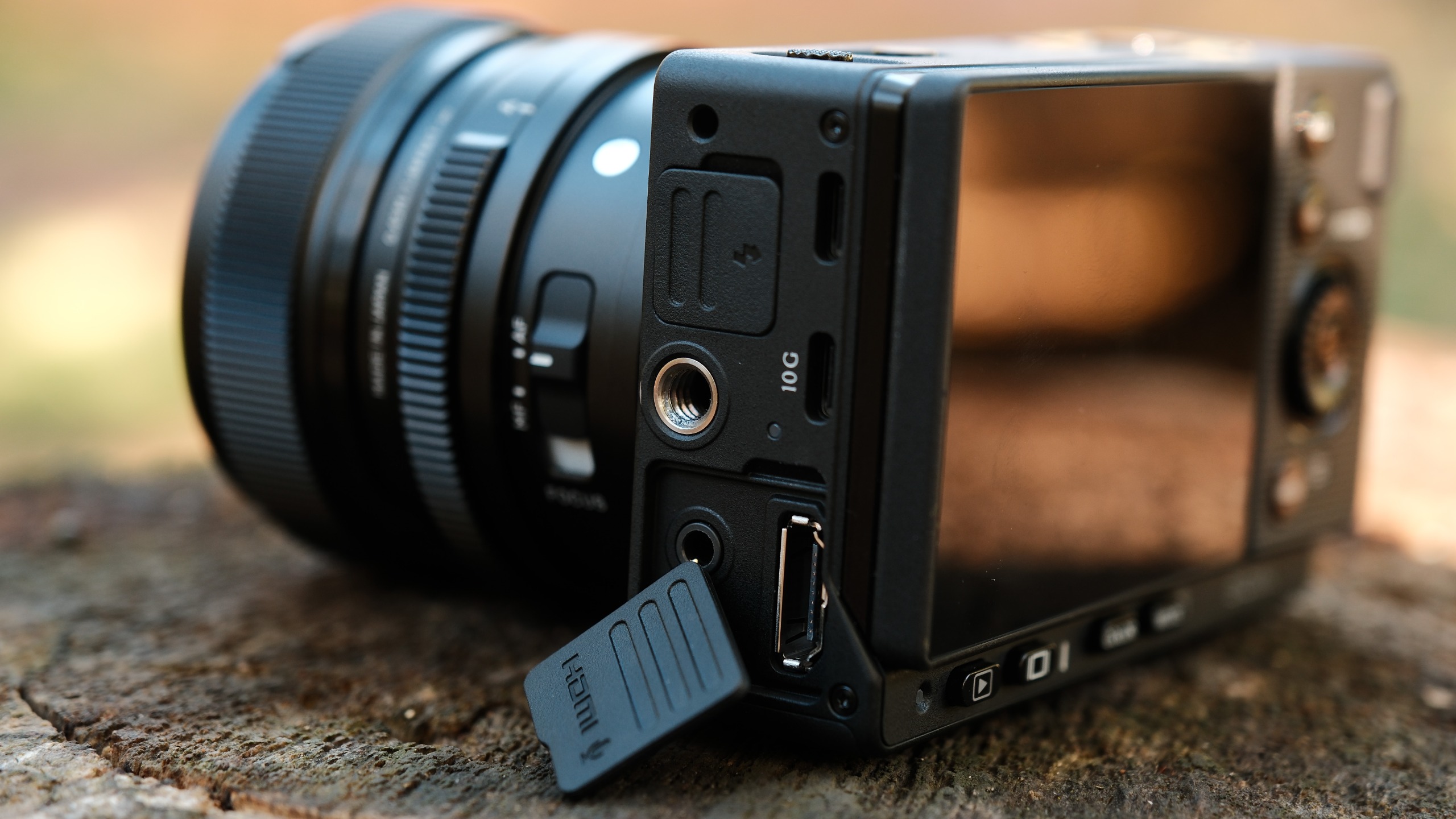 Rear view of the Sigma FP2 showing its side ports and articulated screen.