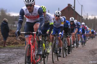 DOUR BELGIUM MARCH 03 Davide Ballerini of Italy and Team Deceuninck Quick Step Cobblestones Peloton during the 52nd Grand Prix Le Samyn 2020 a 2019km race from Quaregnon to Dour GPSamyn gpsamyn on March 03 2020 in Dour Belgium Photo by Luc ClaessenGetty Images