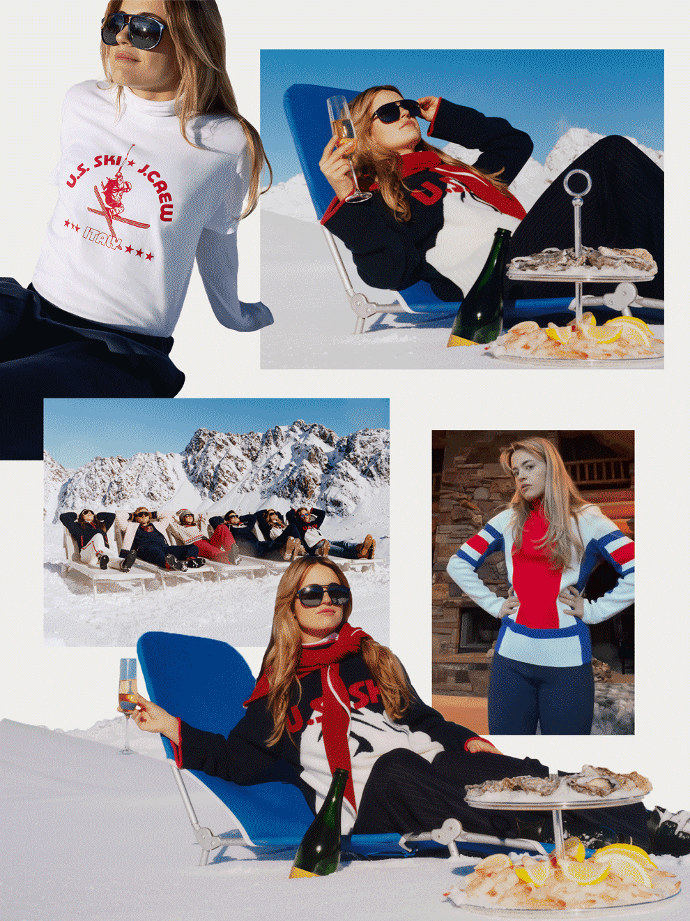 A collage featuring photos and videos of Rell Harwood, freestyle skier on the U.S. Ski &amp;amp; Snowboard team who is competing in the 2026 Winter Olympics, starring in J.Crew's latest Alpine People campaign.