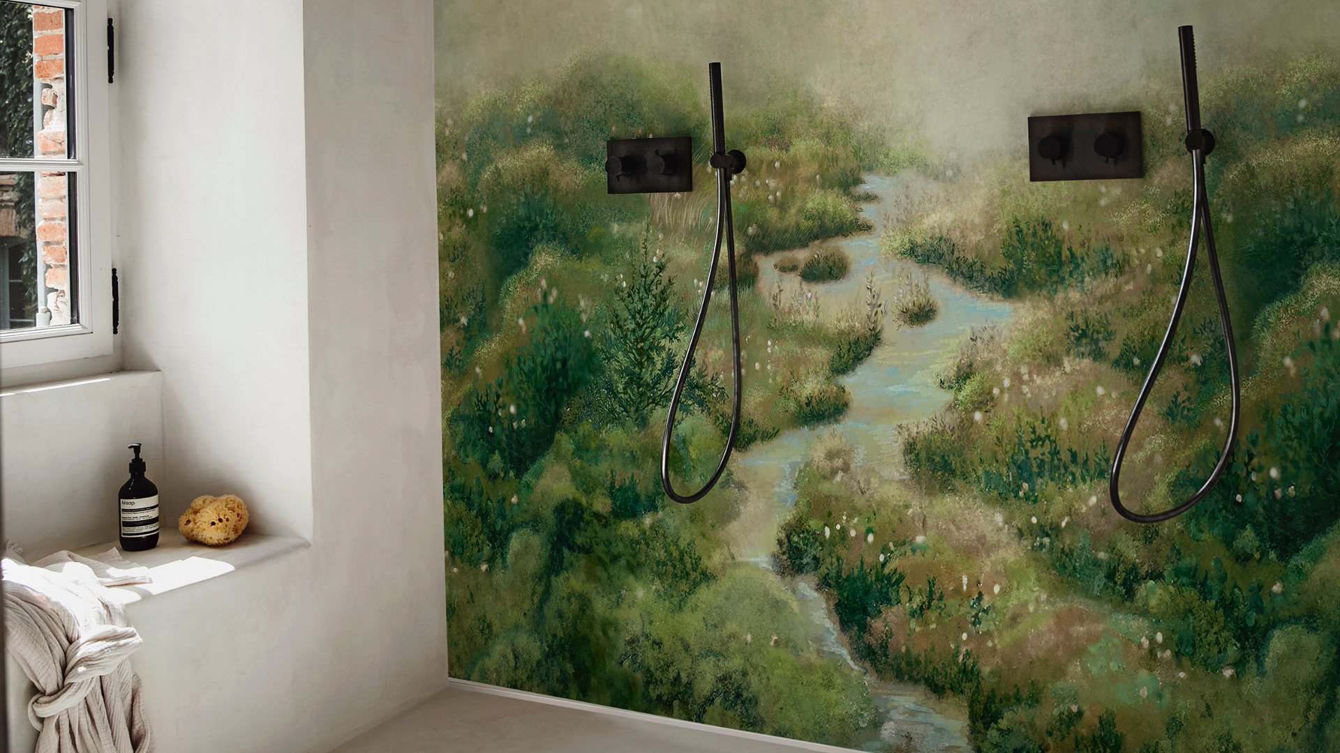 Botanical mural in bathroom