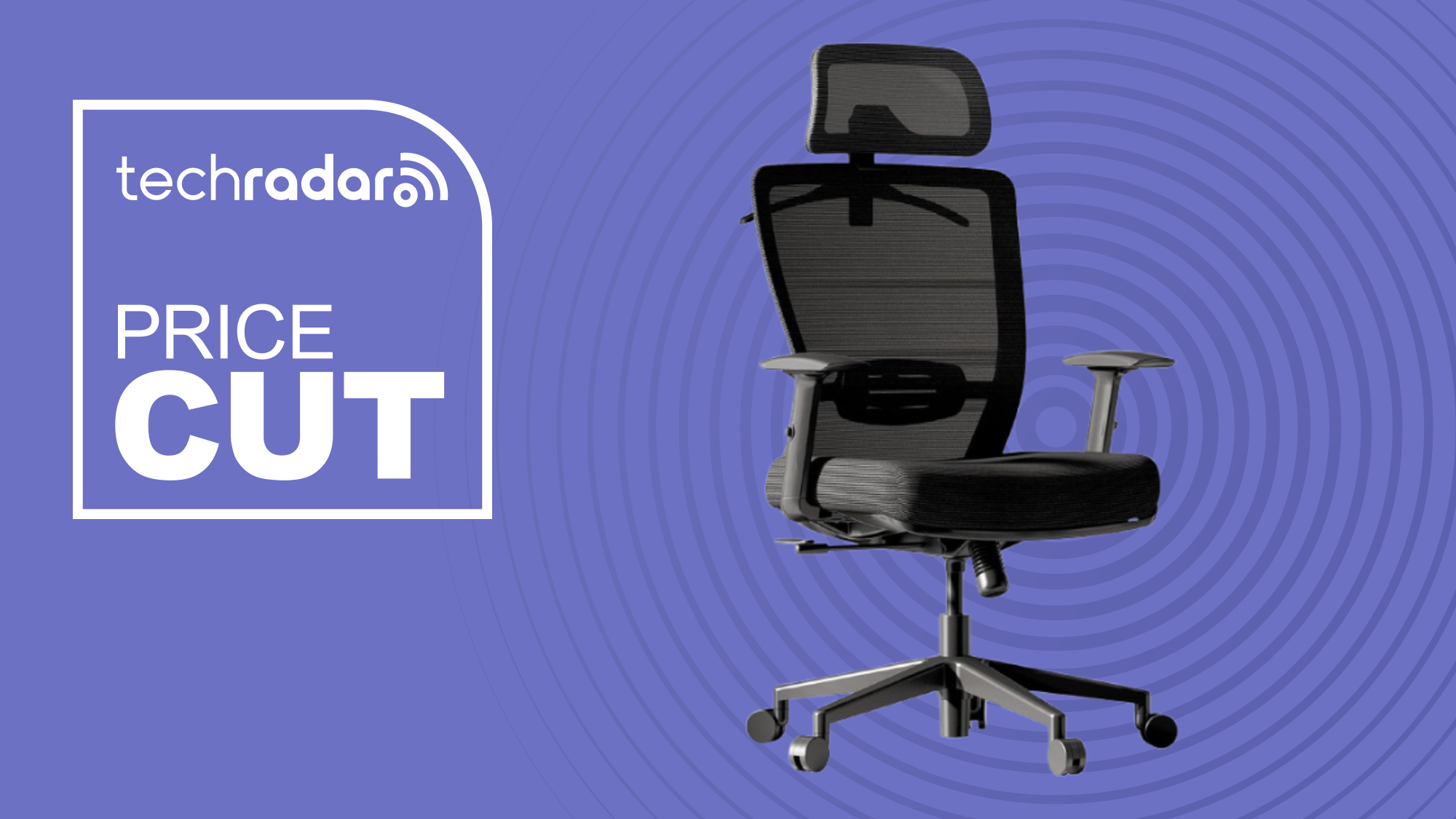 FlexiSpot office chair on a purple background next to a TechRadar badge that reads 'Price Cut'