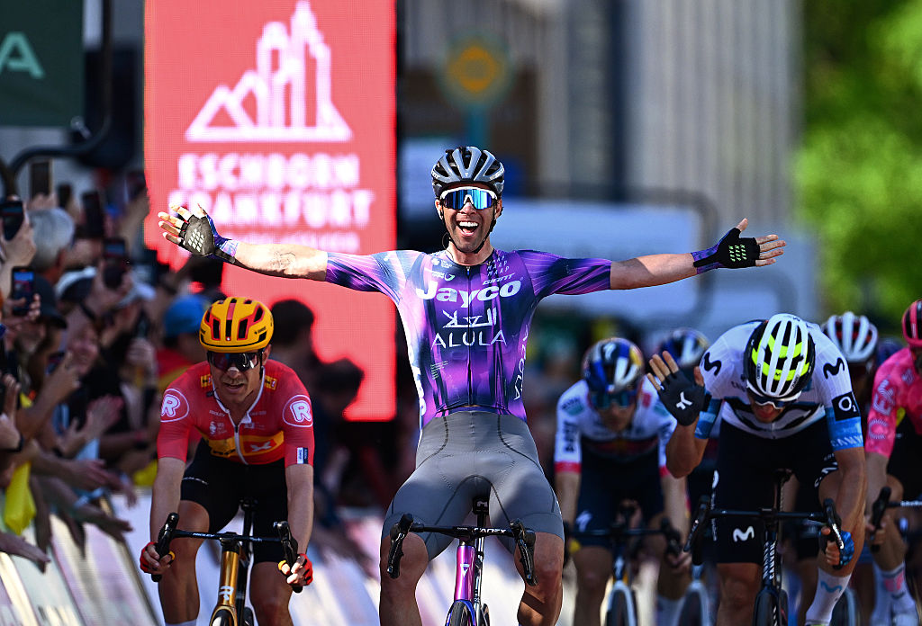 Michael Matthews of Australia and Team Jayco AlUla celebrates at finish line as race winner at the Eschborn-Frankfurt 2025
