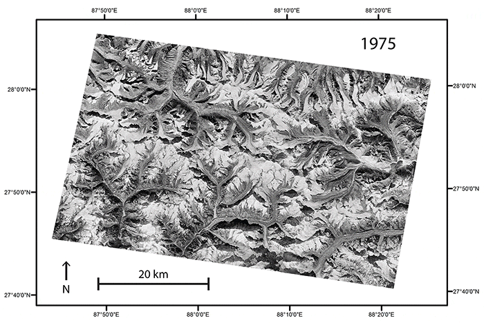 A comparison of images taken in 1975 and 2007 of the same region along the border between Nepal and Sikkim, India, reveal changes in the elevation of the region’s glaciers.