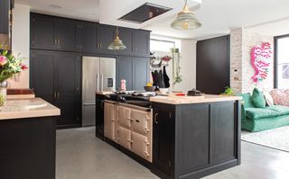 a modern black kitchen with a aga heat storage oven