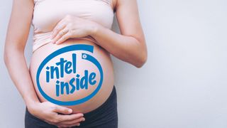 Pregnant belly with intel logo. 