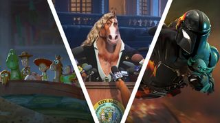 A collage image showing Toy Story 5, Zootopia 2 and The Mandalorian and Grogu