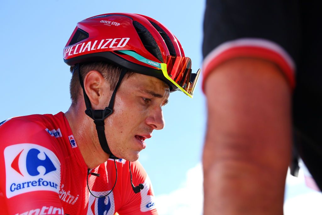 SIERRA NEVADAGRANADA SPAIN SEPTEMBER 04 Remco Evenepoel of Belgium and Team QuickStep Alpha Vinyl Red Leader Jersey reacts after crossing the line during the 77th Tour of Spain 2022 Stage 15 a 1526km stage from Martos to Sierra Nevada Granada 2507m LaVuelta22 WorldTour on September 04 2022 in Sierra Nevada Spain Photo by Tim de WaeleGetty Images