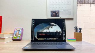 Lenovo Flex 5i Chromebook Plus review unit on a desk