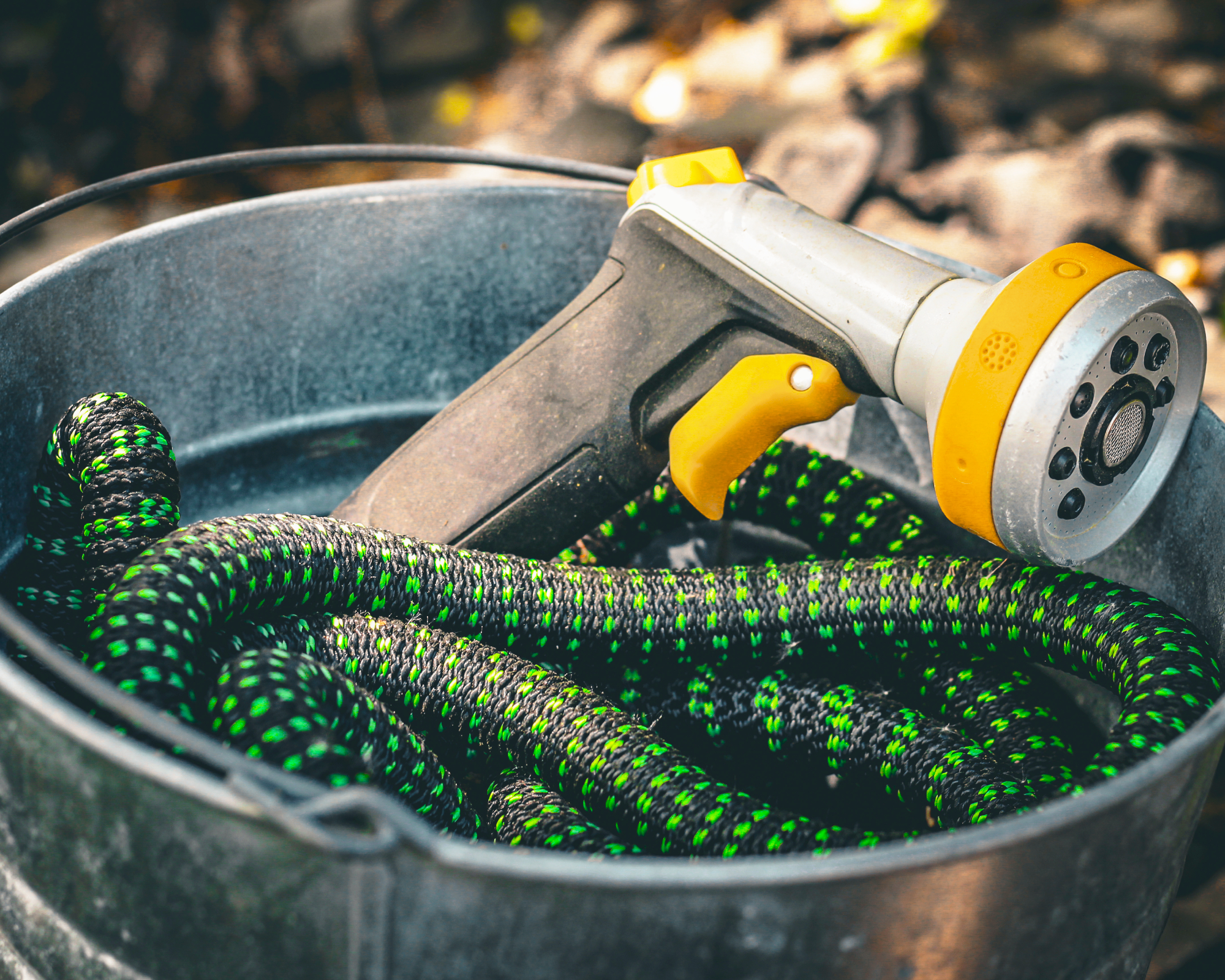 Hose in a metal bucket