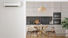Air Conditioner On Empty Wall With Modern Kitchen Interior Background 