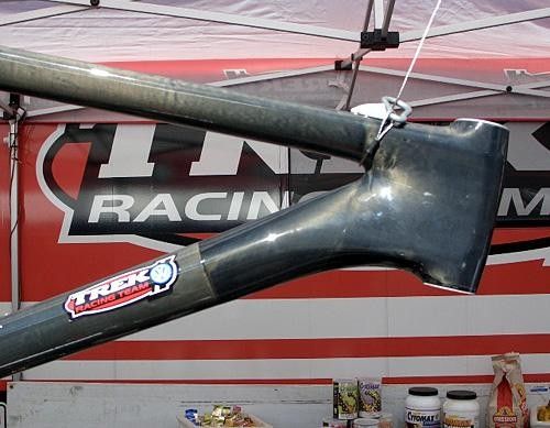 A naked frame reveals the detail in the one-piece lugs that make up the connection points for the tubing. The lugs, like the headset lug shown here, are made as one piece.