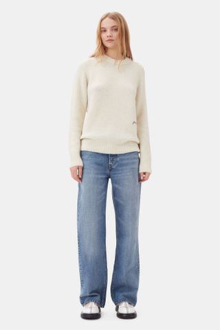 GANNI, White Brushed Alpaca O-Neck Sweater