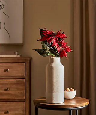 Red Poinsettia plant in beige ceramic vase in bedroom