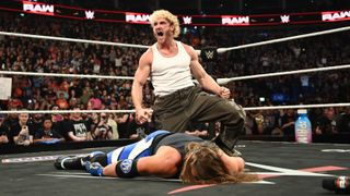 LONDON, ENGLAND - MARCH 31: Logan Paul and AJ Styles in ring during Monday Night RAW at The O2 Arena on March 31, 2025 in London, England. 