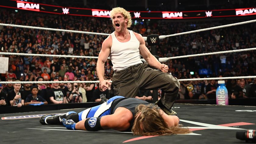 LONDON, ENGLAND - MARCH 31: Logan Paul and AJ Styles in ring during Monday Night RAW at The O2 Arena on March 31, 2025 in London, England. 