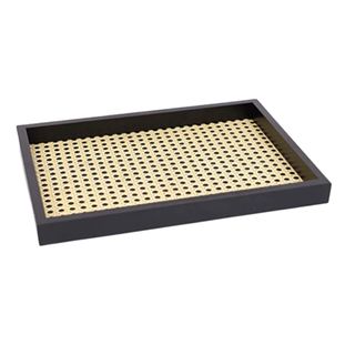 Rectangle Serving Tray with Imitated Rattan, Ottoman Tray, Black Decorative Tray, Basket Serving Tray with Black Wooden Frame for Coffee, Breakfast, Food, Drink, 14'' x 9.8'' x 1.8''