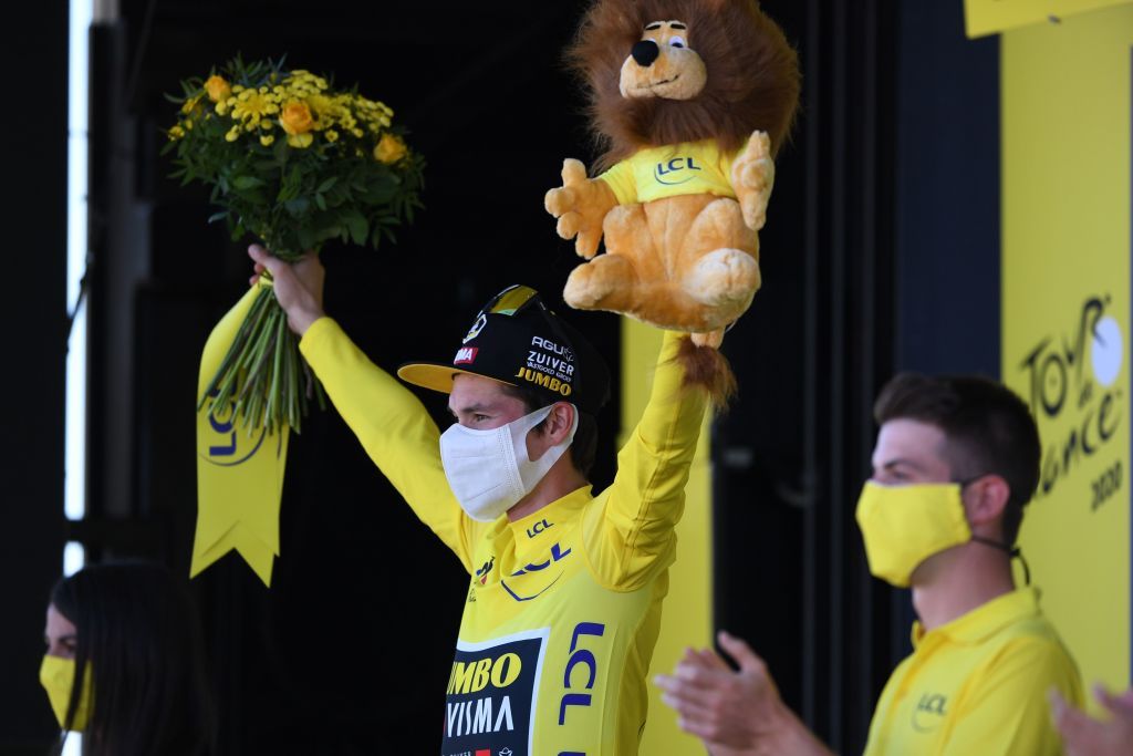 Team Jumbo rider Slovenias Primoz Roglic wearing the overall leaders yellow jersey at the end of the 11th stage of the 107th edition of the Tour de France cycling race 167 km between Chatelaillon Plage and Poitiers on September 9 2020 Photo by Tim De Waele various sources AFP Photo by TIM DE WAELEAFP via Getty Images