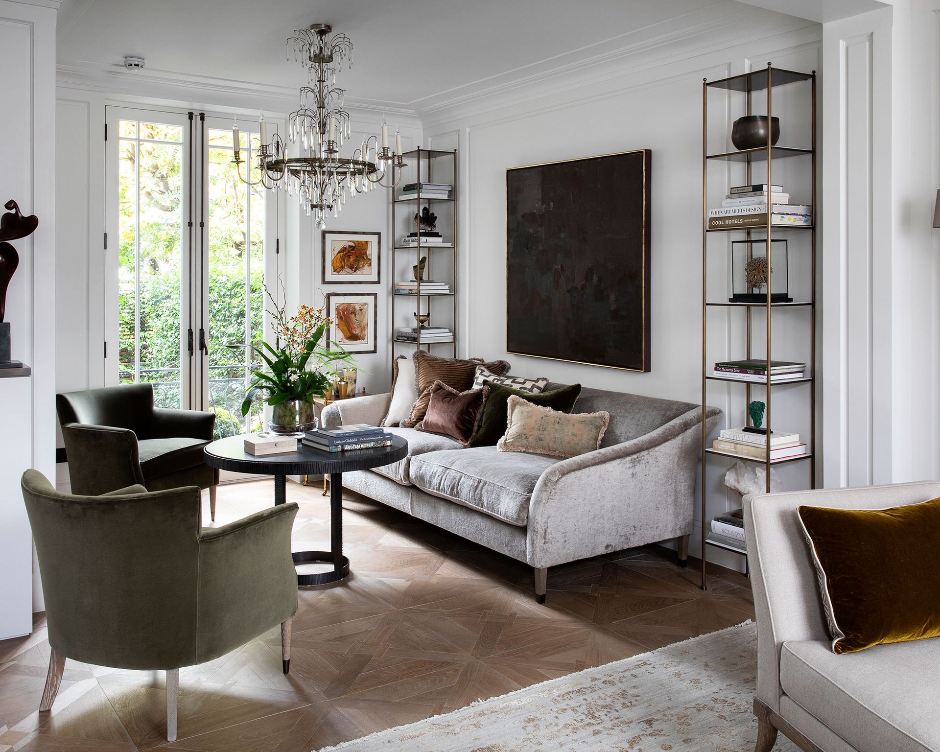 Living room ideas featuring upholstery with a shimmering finish