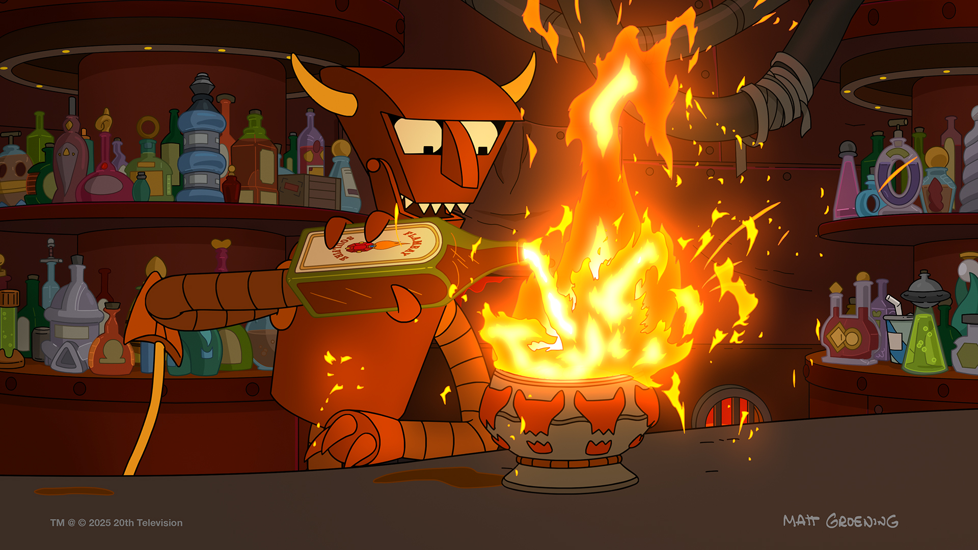 Robot Devil mixing a cocktail of molten laval