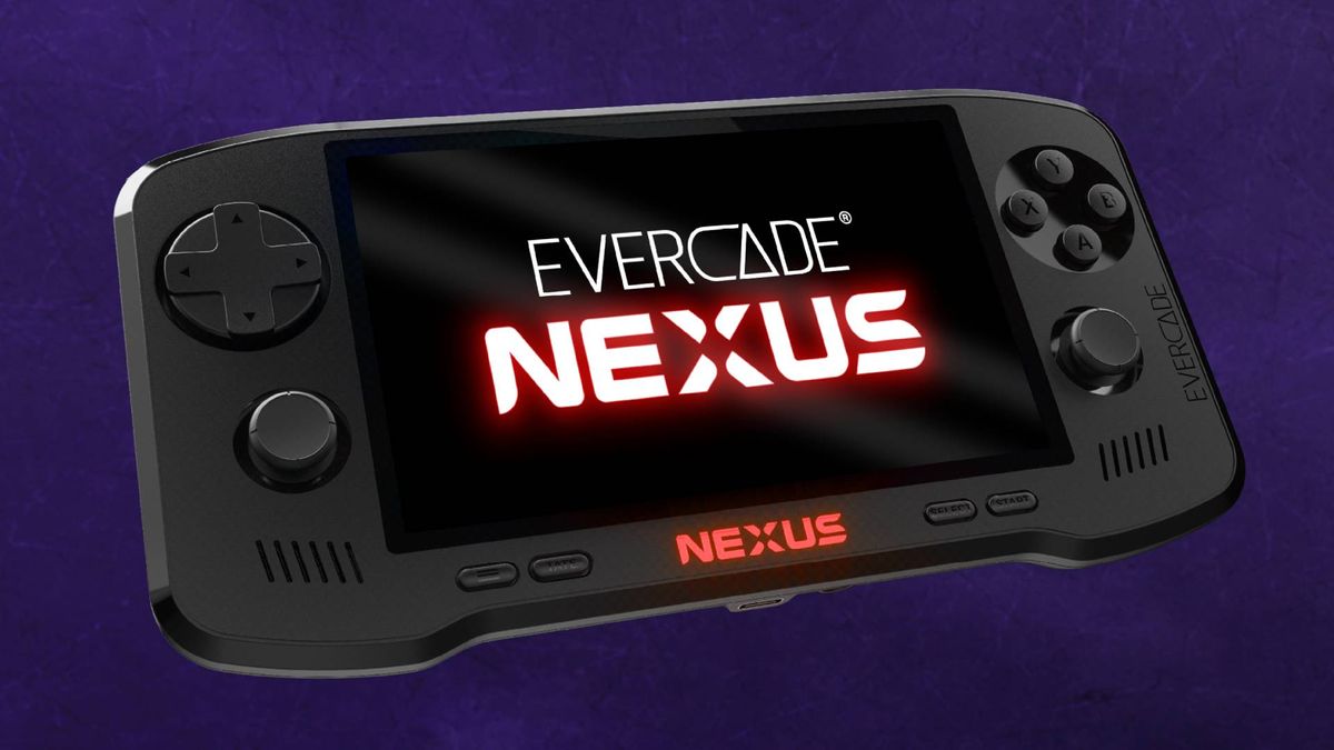Evercade Nexus handheld in black with logo on screen and purple backdrop.