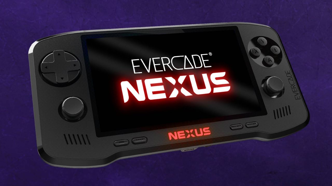 Evercade Nexus handheld in black with logo on screen and purple backdrop.