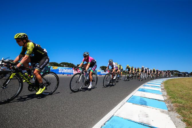 Cornering on the Phillip Island Grand Prix Circuit during stage 1 of the 2019 Women's Herald Sun Tour