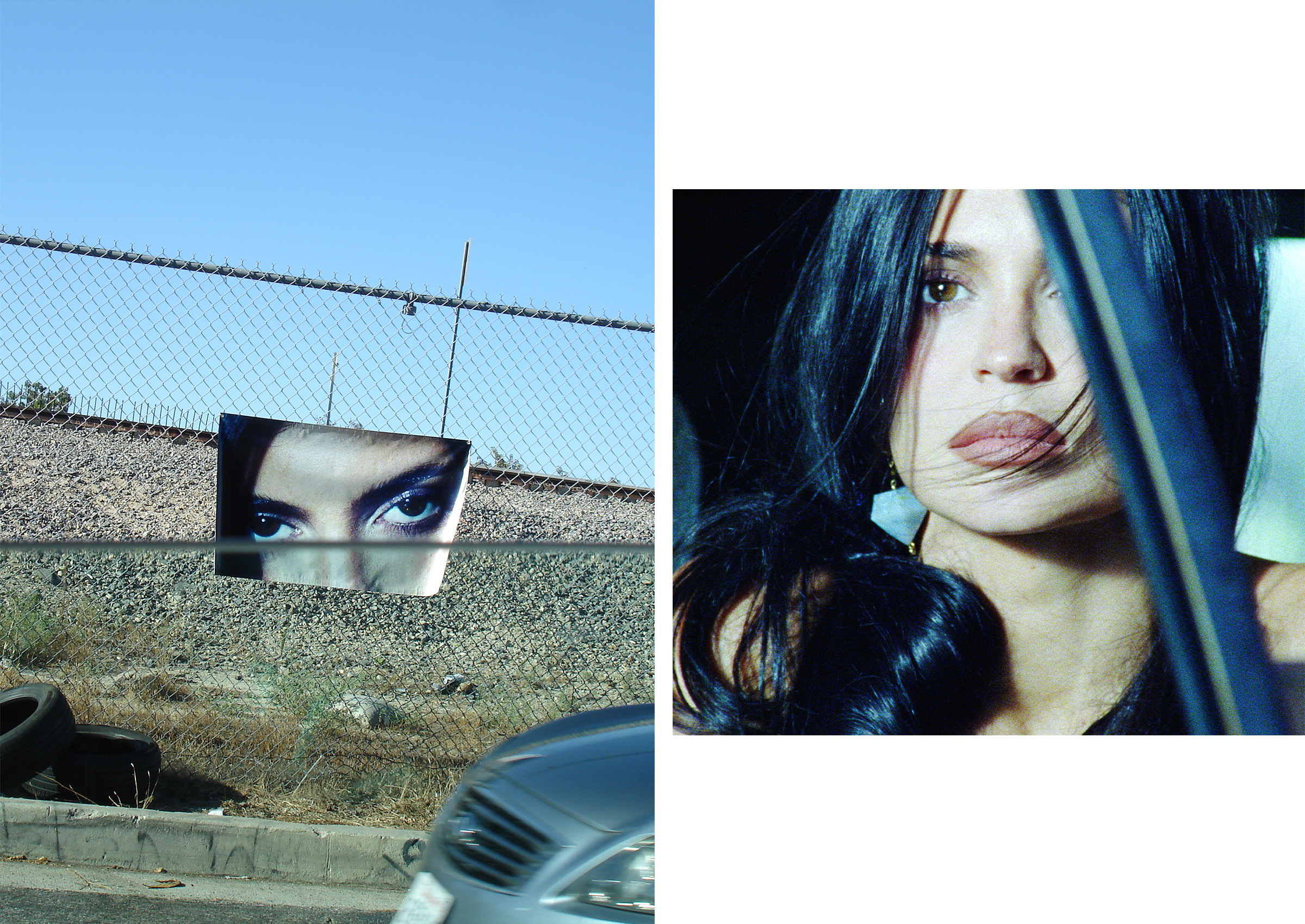 Left: A metal fence with a post image of Kylie Jenner's eyes hanging on it. Right: A close-up portrait of Kylie Jenner inside a truck.