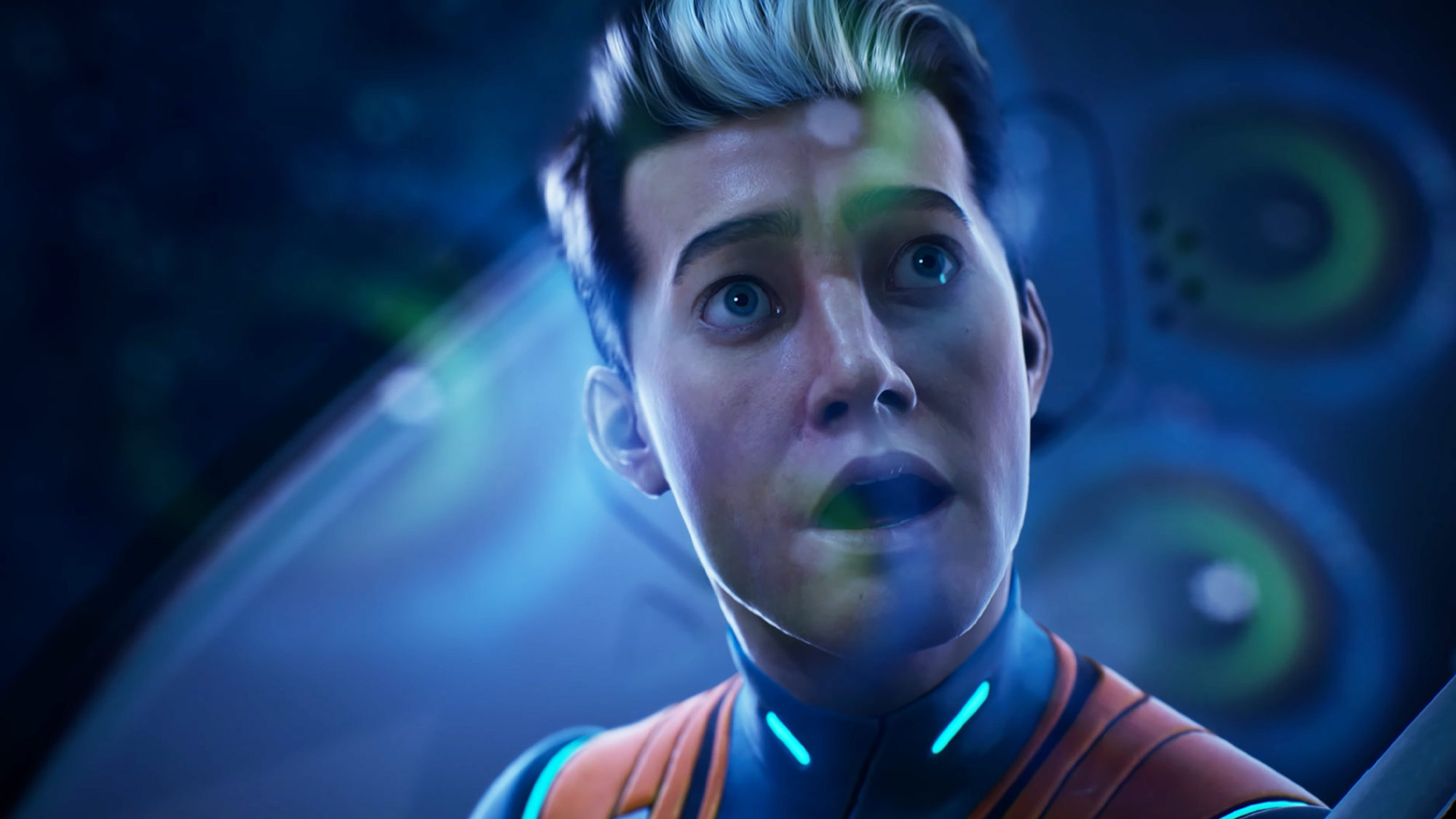 Subnautica 2 - Surprised character looking out of his vessel at an enemy sea creature