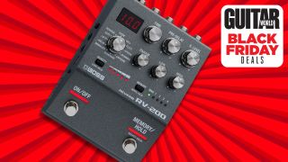 A Boss RV-200 reverb pedal on a red background