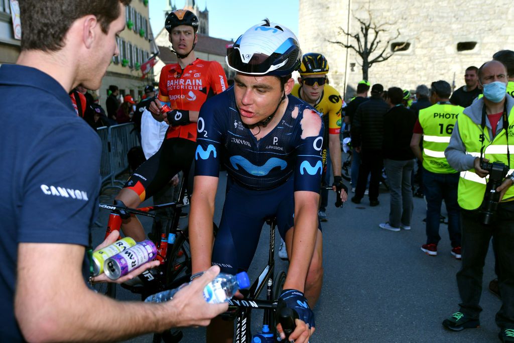 ROMONT SWITZERLAND APRIL 27 Johan Jacobs of Switzerland and Movistar Team reacts after cross the finishing line after his crash in the 75th Tour De Romandie 2022 Stage 1 a 178km stage from La Grande Beroche to Romont 777m TDR2022 on April 27 2022 in Romont Switzerland Photo by Dario BelingheriGetty Images