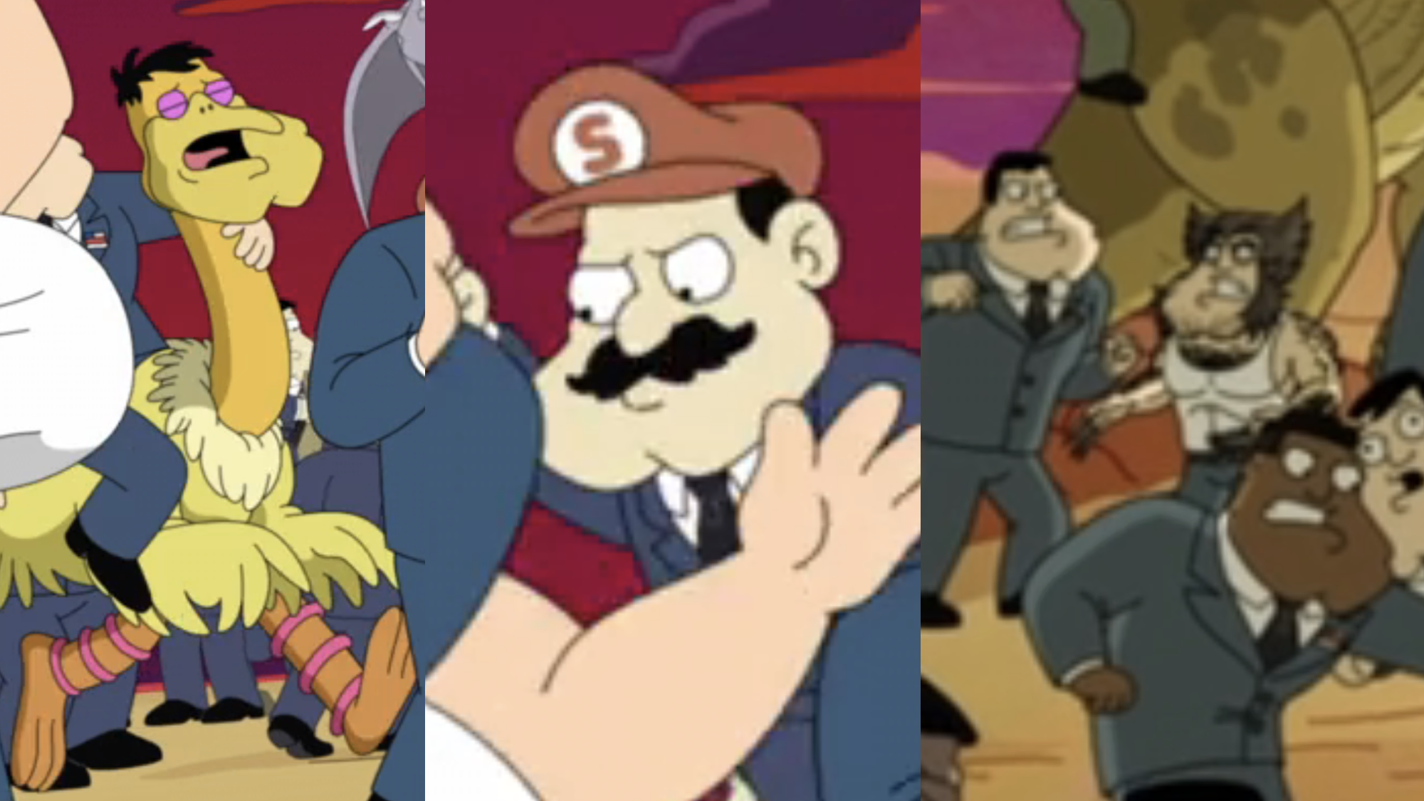 Stan Smith clones of Big Bird, Super Mario, and Wolverine in American Dad Episode 400