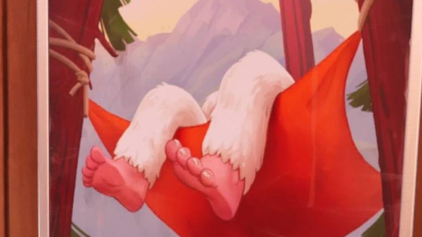 A yeti&#039;s feet dangle over a hammock, with five toes on one and four on the other.
