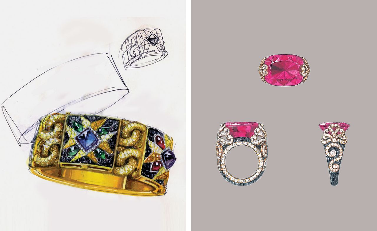 Rosa dei Venti&#039; cuff sketch &#039;Ad Personam&#039; Spinel Ring design