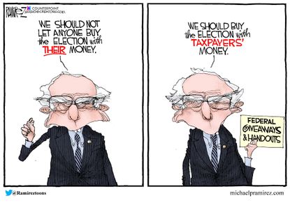 Political Cartoon U.S. Sanders taxpayer money election 2020