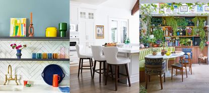 Three examples of kitchen art ideas. Colorful shelf in corner of kitchen. All white kitchen with contrasting, warming artwork. Maximalist style kitchen-diner space with artwork and plants.