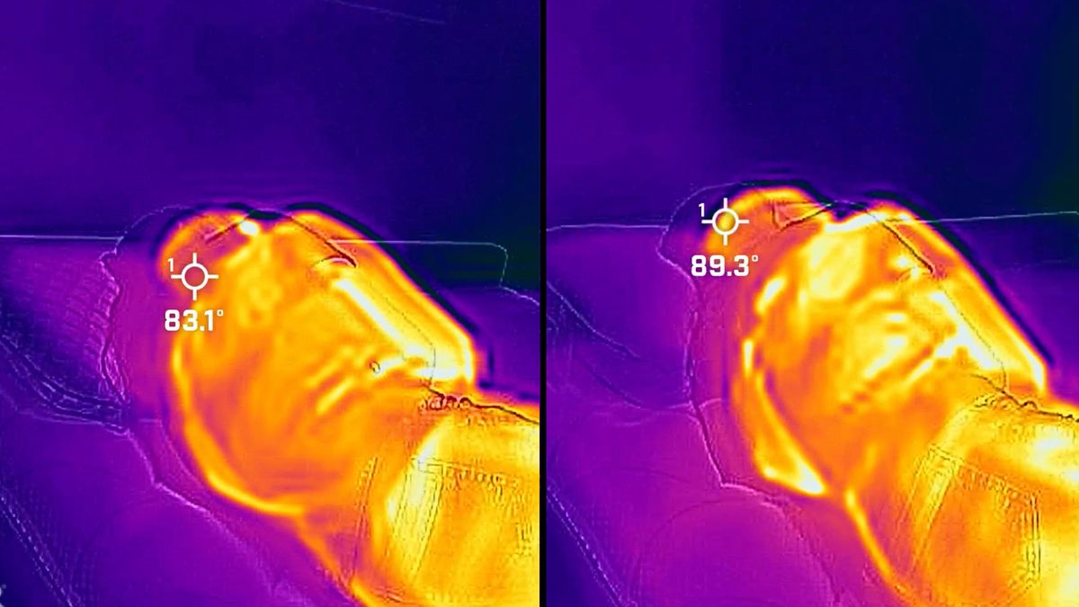 On the left, tester Frances lies on the Helix Cooling Memory Foam Pillow. After 1 minute, the temperature is 83.1. On the right, tester Frances lies on the Hotel Collection Pillow. After 1 minutes, the temperature is 89.3.