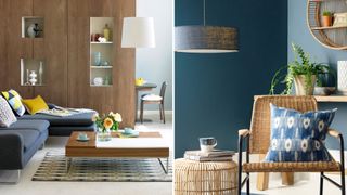 compilation of two living rooms showing 70s-inspired interior design trend for furniture choices in wood and rattan